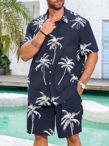 Genlund Plus-Size Men's Botanical Printed Short Sleeve Button-Down Shirt And Pocketed Shorts Casual Two-Piece Set - Multicolor - View 5