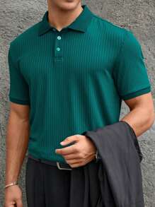 JOLTRO Men's Solid Color Fine Ribbed Polo Shirt, Old Money Style - Dark Green - View 3