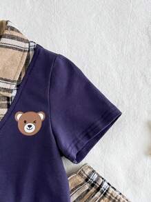Cozy Pixies Bé Trai, 2 Chiếc Áo Sơ Mi Họa Tiết Gấu Khối Màu Kẻ Sọc Có Cổ Áo Ngắn Tay Và Quần Short Thường Ngày - Màu xanh lam - Xem 3