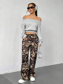 SHEIN Unity Off-Shoulder Solid Color Long Sleeve Cropped Sweatshirt - Light Grey - View 4