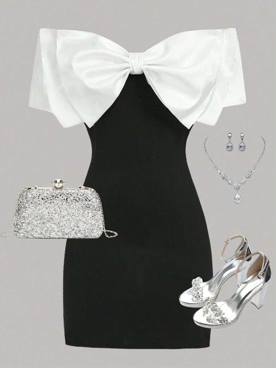 SHEIN Teen Girls' Black & White Off Shoulder Dress With Oversized Bow For Party Or Elegant Streetwear