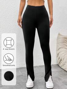 SHEIN PETITE Casual Split Hem Solid Flared Leggings - Black - View 1