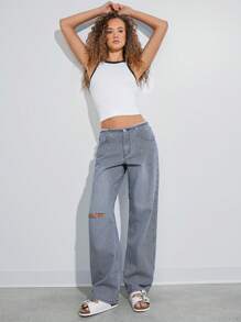 WESTFADE Quần Jeans Ống Đứng Sọc Denim Cotton Cao Cấp - Rửa tối - Xem 3