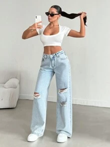 RueChic WIDE LEG DESTOYED LOW WAIST BLUE JEAN - Medium Wash - View 3