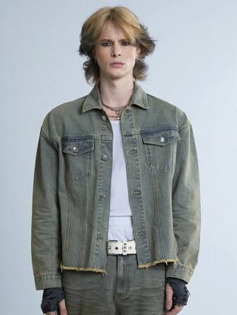 Manfinity Roghcode Y2K Vintage Street Style Men's Acid Wash Denim Jacket, Hip Hop