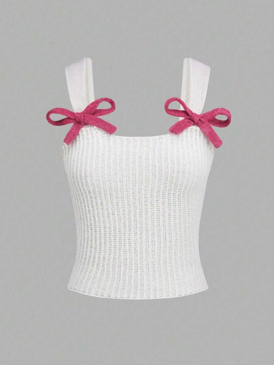 SHEIN Unity Women's Crop Top With Square Collar & Bow Decoration, Red - Multicolor - View 1