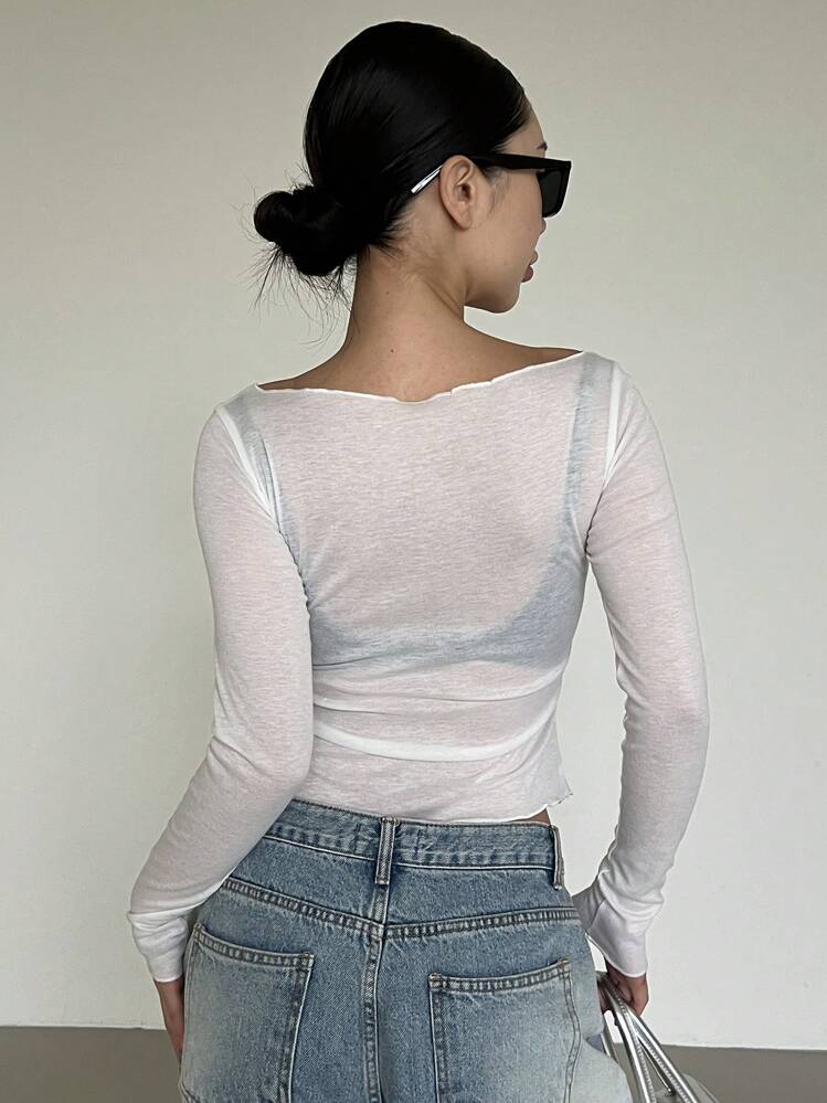 Livesso Nueva camiseta ajustada de mujer con hombros descubiertos de manga larga transparente, ropa de mujer de otoño - Blanco - Añade 9