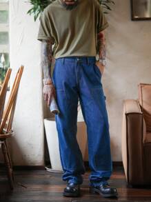 Manfinity Homme American Style Vintage Men's Medium Blue Distressed Wide Leg Jeans, Carpenter Pants