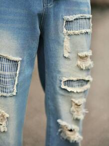 Manfinity Roghcode Men's Vintage American Style Casual Mid-Blue Washed Denim Patchwork Distressed Loose Straight-Leg Jeans - Medium Wash - View 6