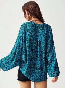 Bohemela Vacation Blue Retro Printed Loose Fit Women's Long Sleeve Shirt, Fall