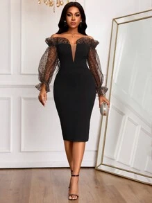 SHEIN Lady 生日派对礼服婚礼宾客礼服女士豹纹荷叶边单肩灯笼袖黑色连衣裙露肩连衣裙优雅晚礼服 - 彩色 - 查看 4