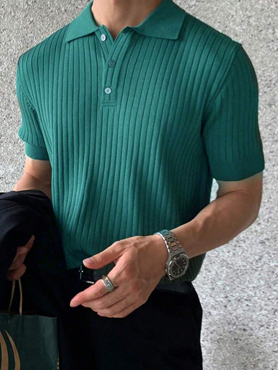 JOLTRO Men's Solid Color Fine Ribbed Polo Shirt, Old Money Style - Dark Green - View 1