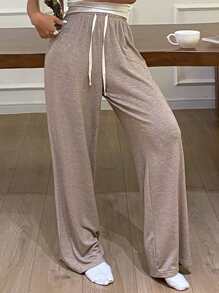 Livesso 女士舒适时尚宽松针织直筒休闲裤，带抽绳，适合睡衣、秋冬穿着