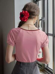 Simple Retro 女性圓領拉繩拼色針織T卹，夏季 - 粉色 - 查看 2