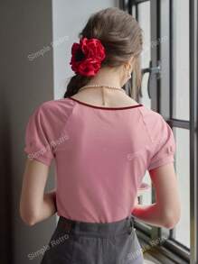 Simple Retro Women Round Neck Drawstring Color Block Knitted T-Shirt, Summer