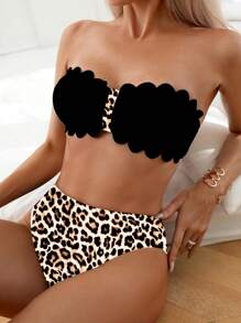 SHEIN Swim Conjunto de bikini de mujer con estampado de leopardo y bloques de color para el verano, bikini bandeau sexy de dos piezas sin tirantes con estampado de leopardo