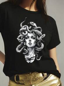 Calvaya Women's Summer Character Printed Round Neck Short Sleeve Casual T-Shirt Graphic Tees Women Tops