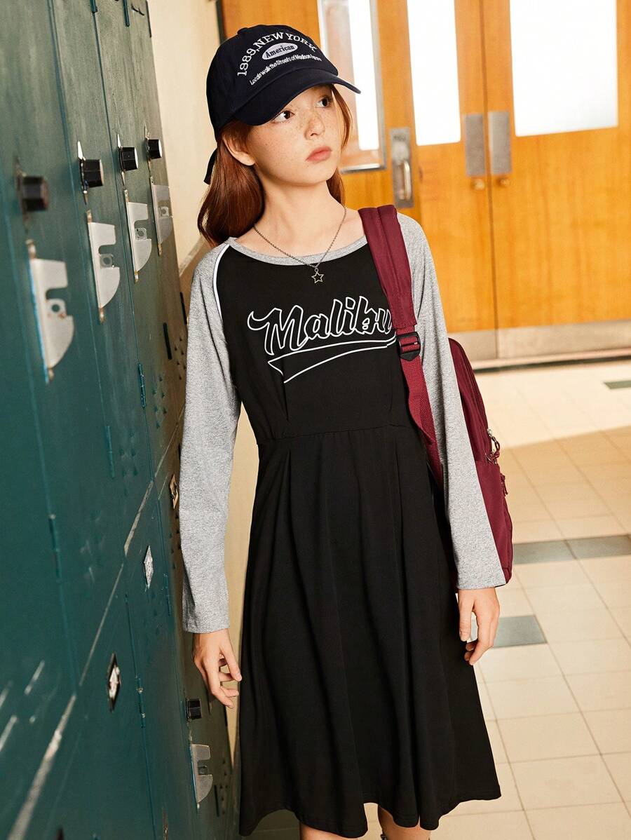 SHEIN Explorewe Tween Girls' Letter Print Casual Dress - Black - View 1