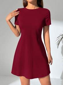 SHEIN PETITE Vestido diario sencillo de manga corta y unicolor para mujer - Burdeos - Ver 3