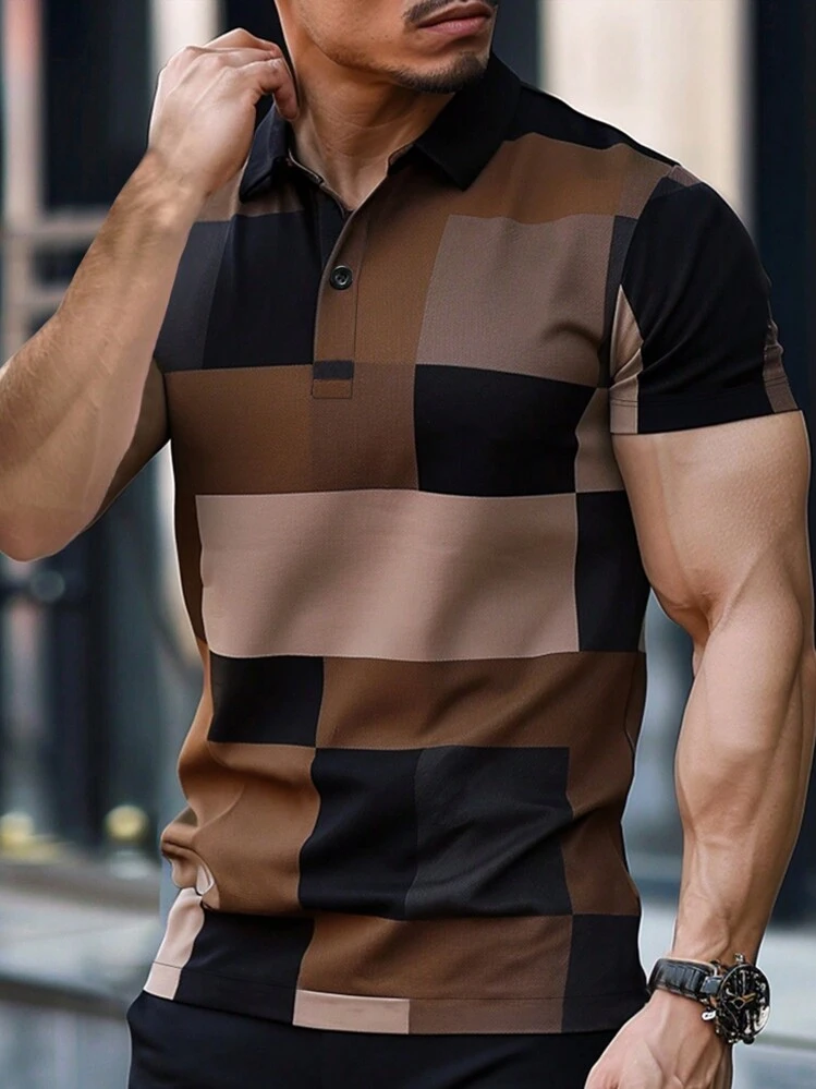 Manfinity Mode 男士休閒短袖 Polo 衫，幾何印花拼接設計，商務通勤風，黑米色，夏季，度假，時尚棕色上衣，儀式 - 彩色 - 查看 5