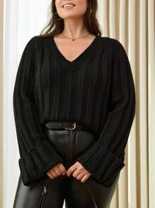 EURMUSE Plus Rib Solid Color Raglan Sleeve Sweater - Black - View 6