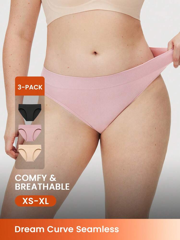 3-Pack Mid Waist Seamless Basic Briefs Women Underwear Panties Set