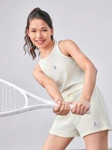 SHEIN Teen Girl Knitted Solid Color Tag Woven Vest With Pocket And Drawstring Shorts Casual Two Pieces Set