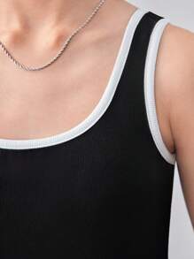SHEIN Teen Girl Knitted Color Block Tight Tank Top With Square Neckline - Black and White - View 5