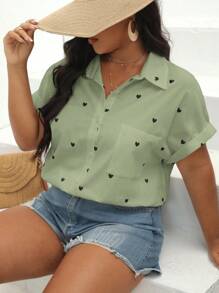 SHEIN VCAY 加心印花蝙蝠袖夏季襯衫 - 綠色 - 查看 1