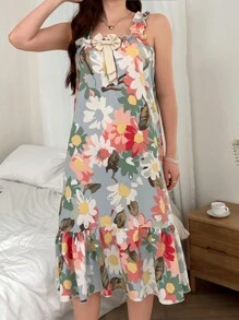 Dream Adore Vestido holgado de pijama con estampado floral, decoración de moño, volantes en los tirantes y detalle de moño para mujeres, para vacaciones