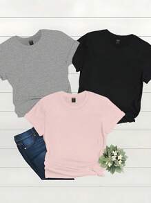 INAWLY Summer Tees Set Of 3, Solid Color Casual Round Neck Short Sleeve Women's T-Shirt, Basic Top - Multicolor - View 1