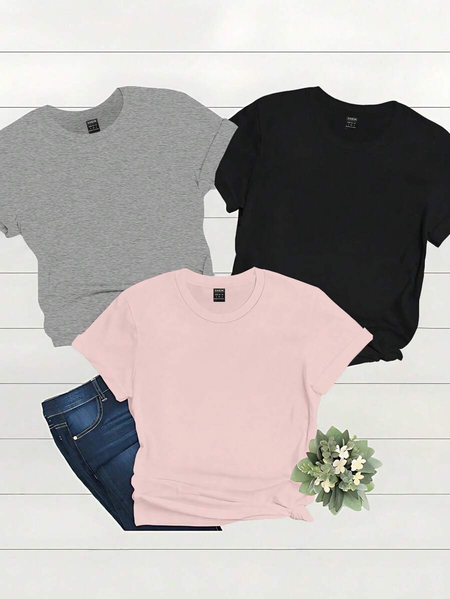 INAWLY Summer Tees Set Of 3, Solid Color Casual Round Neck Short Sleeve Women's T-Shirt, Basic Top - Multicolor - View 1