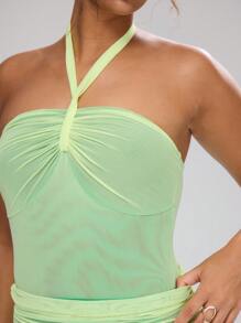 MUSERA Kontrast Mesh Urlaubs-Halter Bodysuit, sexy Club Frühling Sommer Urlaub