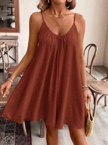 SHEIN Frenchy Linen Holiday Loose Dress Casual Solid Color Spaghetti Strap Dress, Suitable For Summer Comfortable And Breathable To Wear Comfortable - Brown - View 3