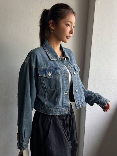 DAZY Áo khoác denim màu trơn cài nút phía trước có túi, tay dài thường ngày, quần áo trở lại trường