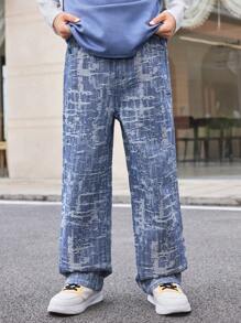 SHEIN Tween Boys' Medium Washed Blue Loose Straight Leg Denim Pants With Distressed Fabric Patch - Medium Wash - View 4