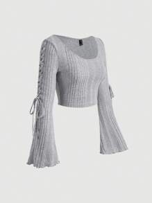 SHEIN MOD Áo thun dài tay cổ tròn thắt nơ bằng vải nỉ dệt kim thu đông cho nữ, Áo trở lại trường, Áo đi chơi, Áo dễ thương đi học, Áo mùa thu, Áo học sinh, Áo len nữ - Xám - Xem 2