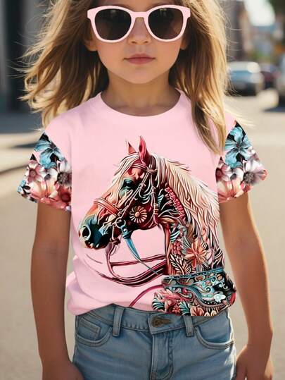 SHEIN Camiseta com Mangas Curtas e Gola Redonda com Padrão de Cavalo Casual Simples para Meninas Pré-adolescentes, Adequada para o Verão