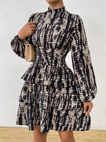 Calvaya Women's Casual Layered Ruffle Lantern Sleeve Lotus Leaf Hem Dress