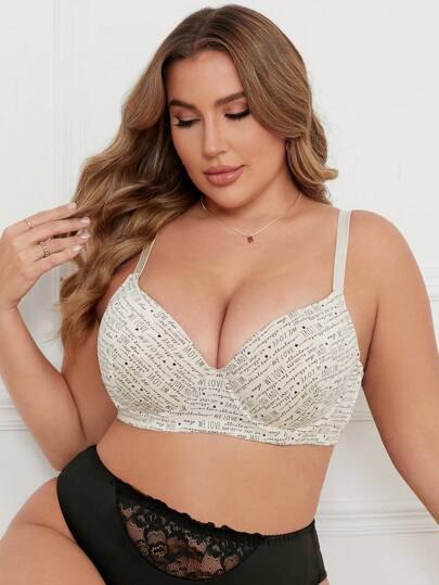 大碼字母印花薄內衣，帶可調節肩帶和鋼絲，1件