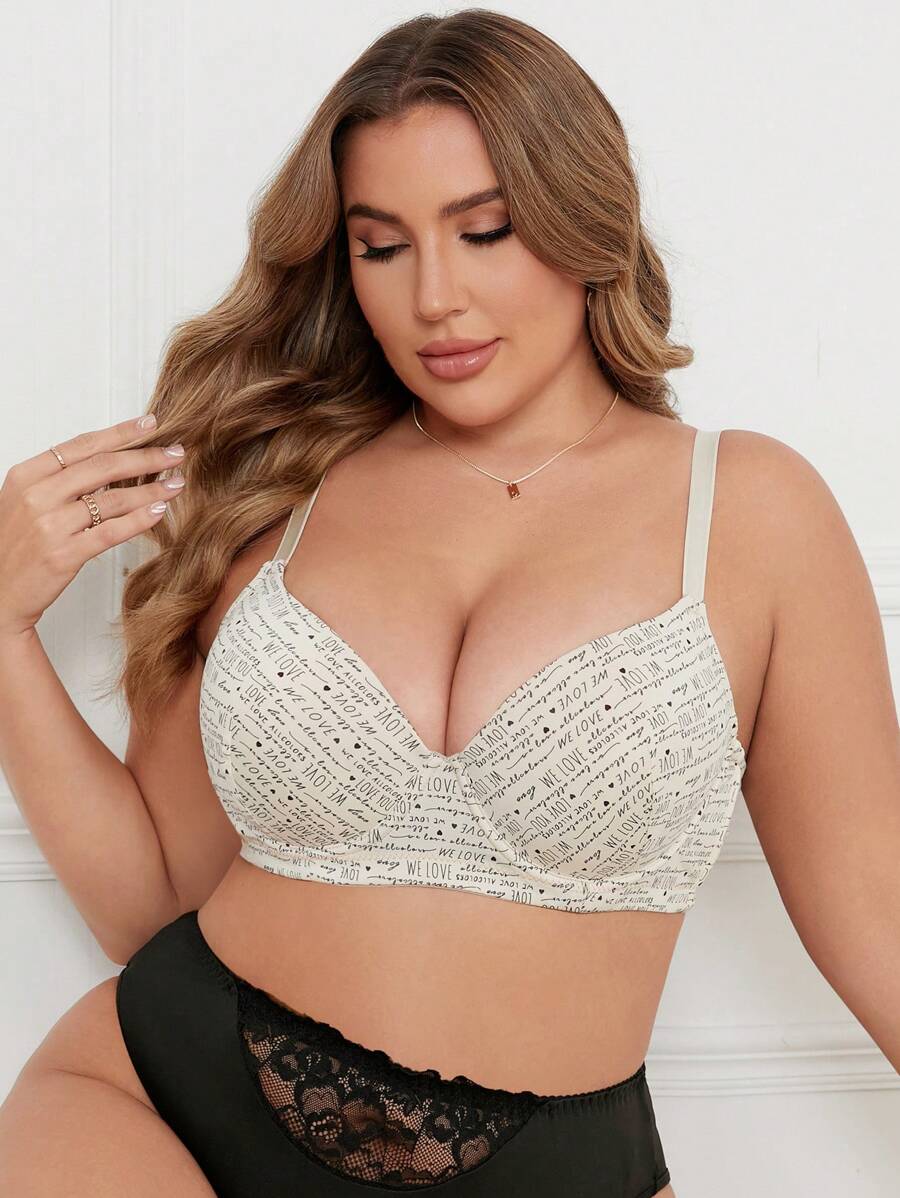 Plus Size Letter Printed Bralette With Adjustable Straps And Wire, 1pc - Multicolor - View 1