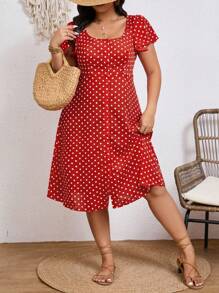 SHEIN Frenchy Vestido rojo vintage con botones al frente, abertura en el muslo y estampado de lunares para tallas grandes, ideal para verano - Rojo y blanco - Ver 3