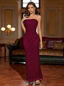 PARTHEA Sequin Pleated Mesh Dress, Party Gown, Wedding Guest, Cocktail Dress - Burgundy - View 3