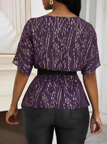 SHEIN Clasi Áo sơ mi ngắn tay in họa tiết cánh dơi cổ chữ V cho nữ - Màu tím - Xem 2