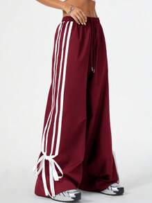 Coolane Women's Velvet Back To School Palazzo Drawstring Side Stripes Fashionable Edge Collision And Bow Ties Pants