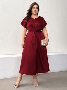 Modelyn Vestido largo de noche con cuello en pico, mangas tipo murciélago y cinturón, color rojo burdeos