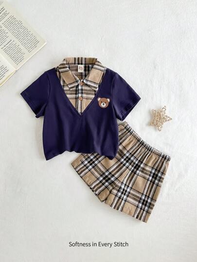 Cozy Pixies 寶寶男孩2入組熊圖案拼接格紋短袖衫和休閒短褲