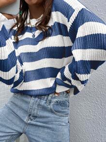 SoleilVie Áo len nữ cổ tròn in họa tiết sọc, tay dài, kiểu dáng thường ngày, thích hợp mặc mùa thu đông. - Xanh và trắng - Xem 3