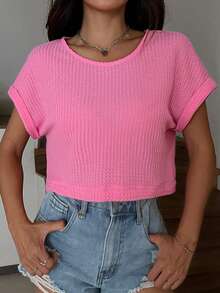 SHEIN EZwear Top corto rosa sólido con dobladillo ajustado - Rosa - Ver 7