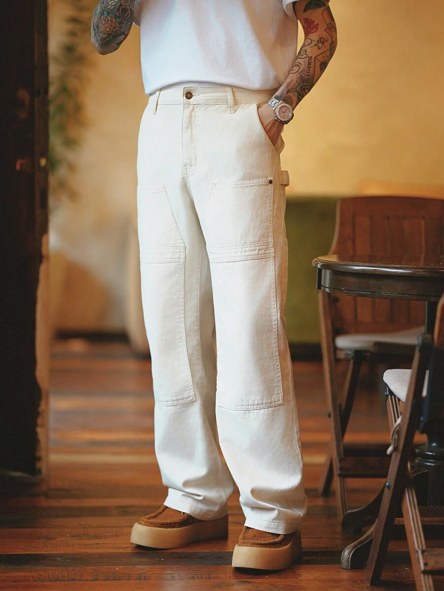 RivetRise Vintage American Style Men's Beige Denim Workwear Straight Leg Logging Jeans, For Husband, Boyfriend Gifts Going Out Hang Out Vacation Urban Work